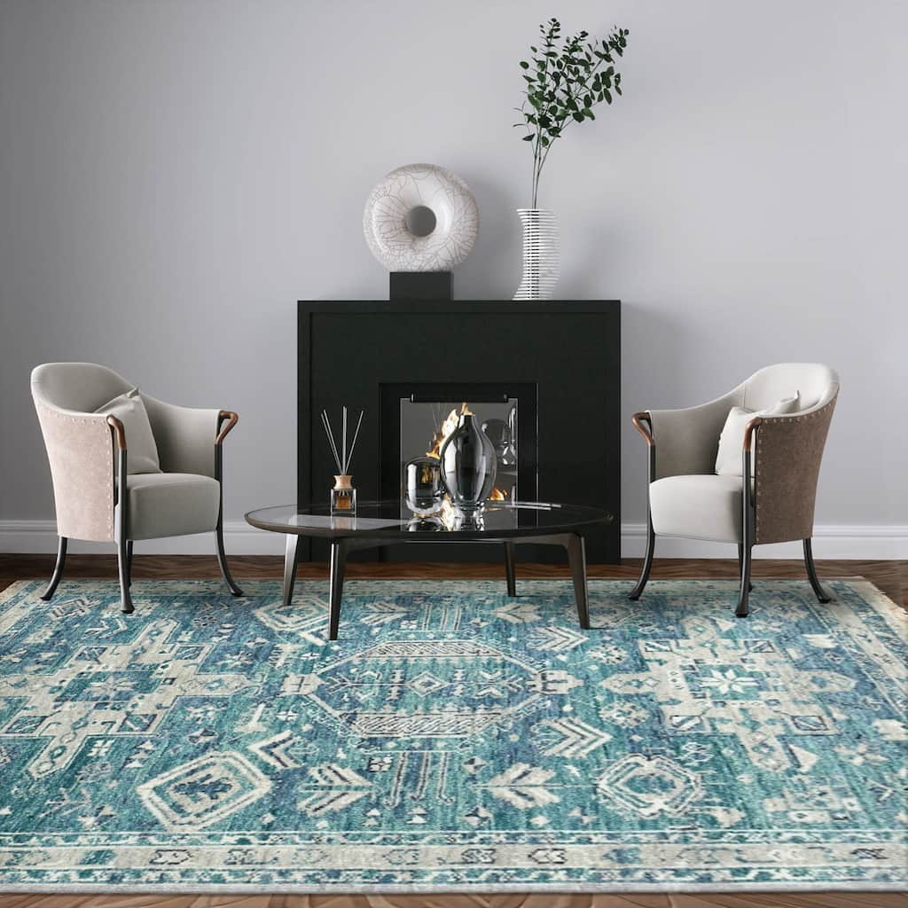 Hand Knotted Turkish Oushak Turquoise Arts & Crafts Wool Area Rug