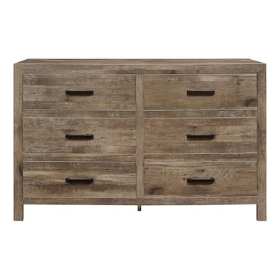 Rustic Style Dresser w 6 Storage Drawers Weathered Pine Finish Wooden Bedroom Furniture