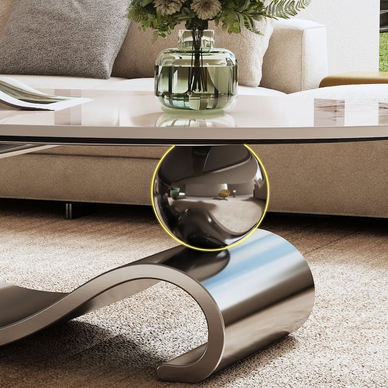 Modern Oval Coffee Table Industrial-Style Center Table with Sintered Stone Top and Base, for Living Room