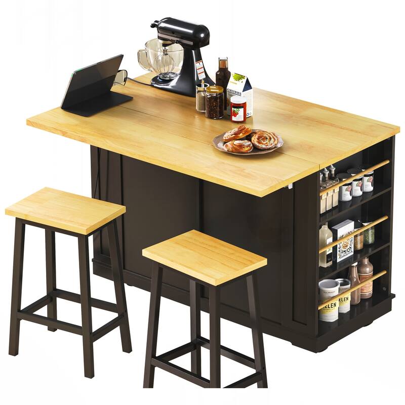 Kitchen Island with 2 Bar Stools, Power Outlet, Door Internal Storage Rack, Kitchen Storage Cart on 5 Wheels with Drop Leaf