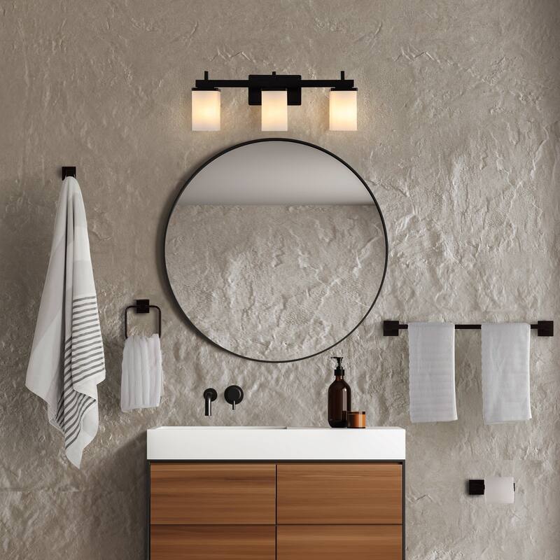 Liam 22.38" 3-Light Modern Vanity Light with Frosted Glass Shades and Bathroom Hardware Accessory Set, (5-Piece) by JONATHAN Y