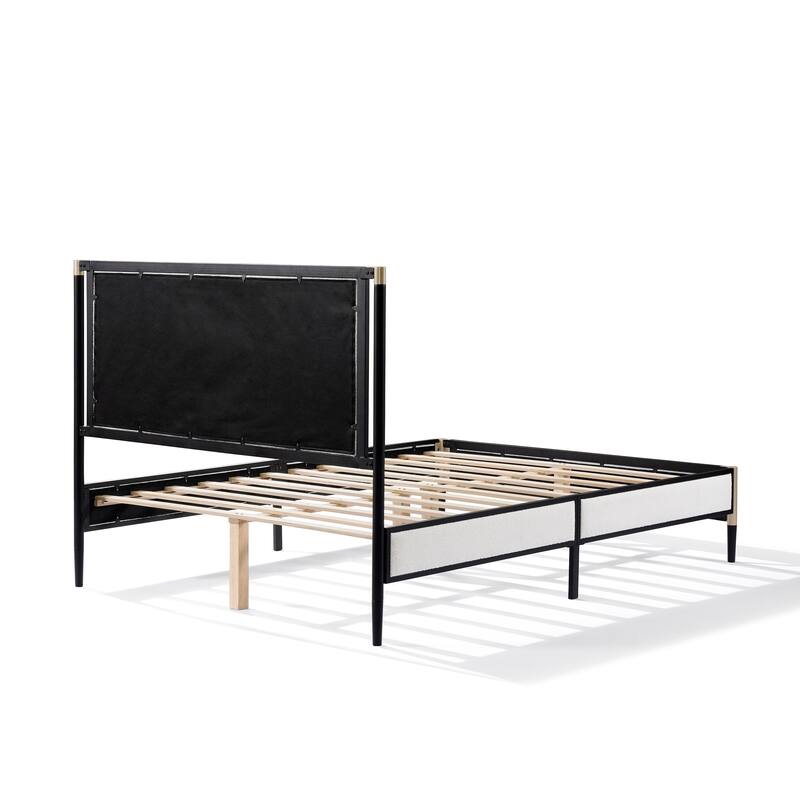 Roomfitters Metal Platform Bed Frame with White Boucle Headboard and Wood Slats, White and Black