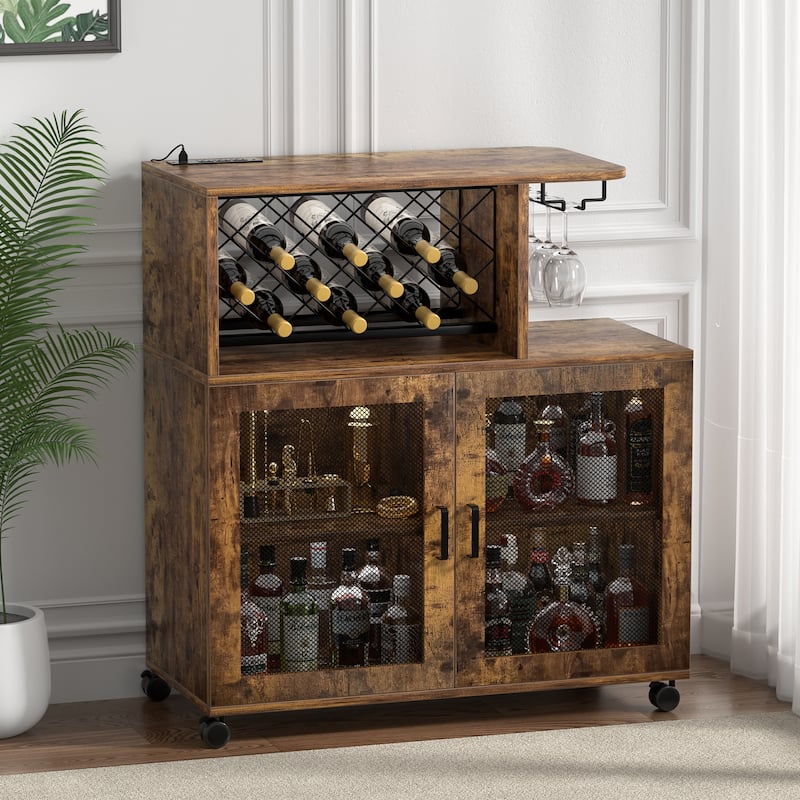 Bar Cart with Charge Station and LED Light, Rolling Home Bar Liquor Cabinet with Wine Holder - 31.5'' W