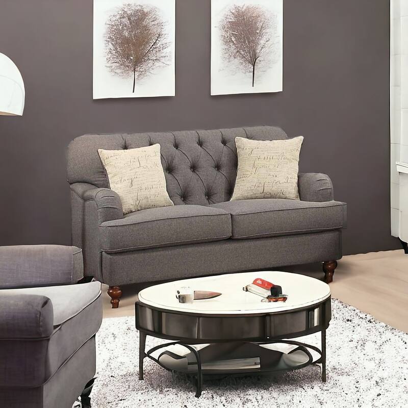 HomeRoots 61" Dark Gray And Brown Linen Curved Loveseat and Toss Pillows - Gray