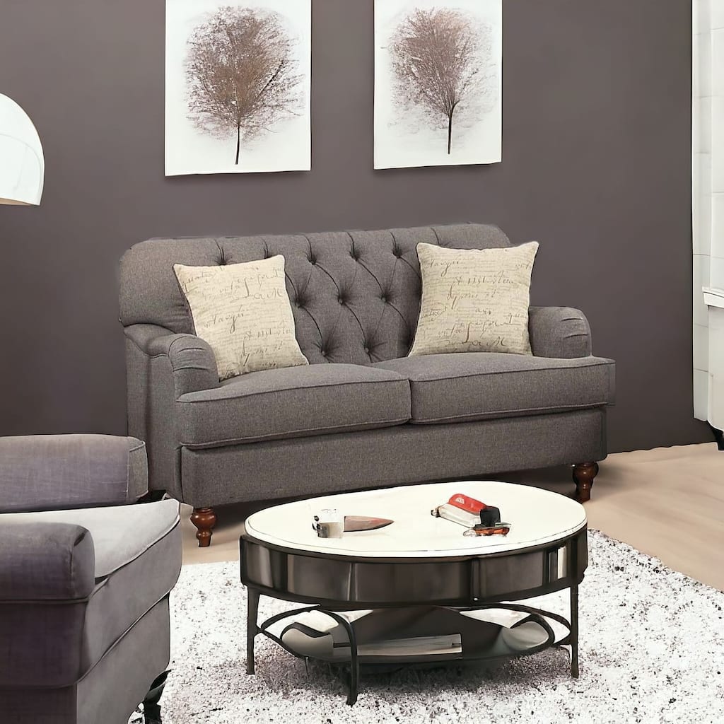 HomeRoots 61" Dark Gray And Brown Linen Curved Loveseat and Toss Pillows