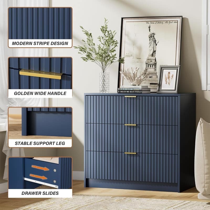 3 Drawer Fluted Dresser, 32 Inch Wide Nightstand with Large Drawer End Table for Bedroom