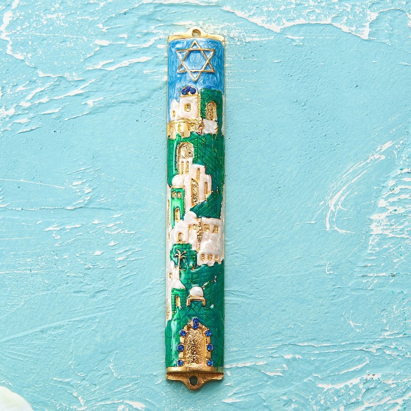 Matashi Hand Painted 5.5" Blue and Ivory Enamel Jerusalem Cityscape Mezuzah Embellished with Gold Accents and Star of David