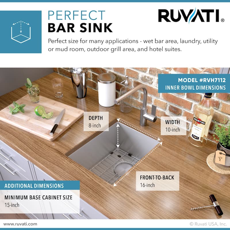 Ruvati 12 inch Undermount Bar Prep Tight Raduis 16 Gauge Kitchen Sink Stainless Steel Single Bowl - RVH7112