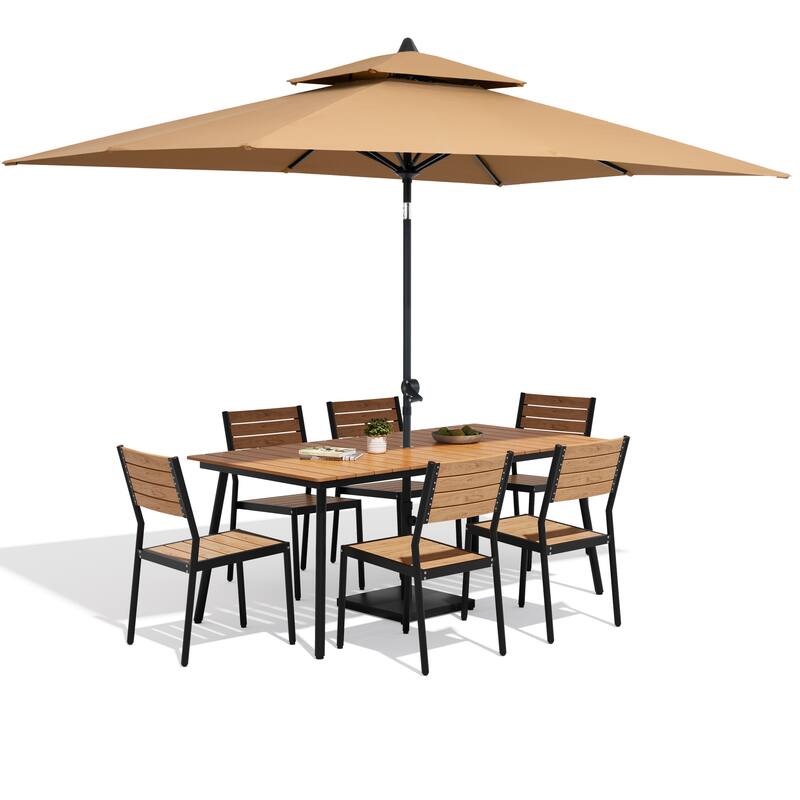 9-Piece Patio Dining Set Aluminum Dining Table and Stackable Chairs with Umbrella and Base - Brown