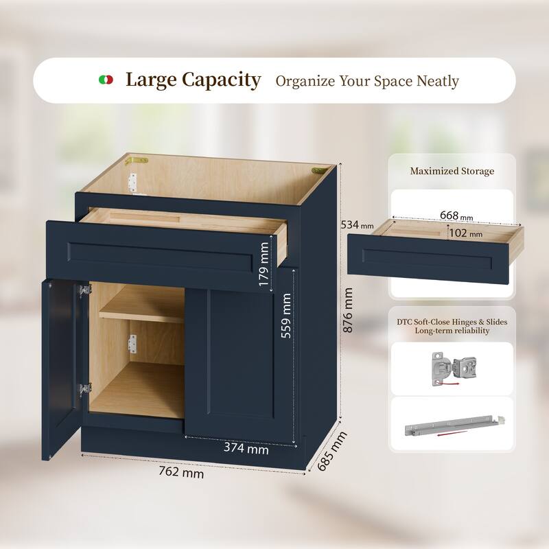 30" Navy Blue Shaker Base Cabinet with Soft-Close Door, Drawer, Space-Saving Solid Wood Unit with Adjustable Shelf
