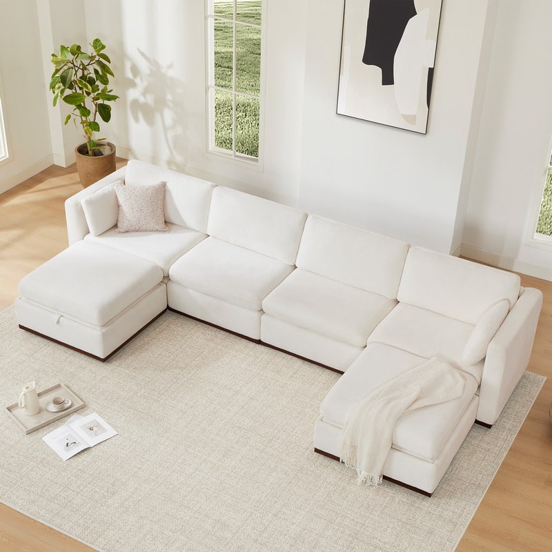 Mia U-Shape Fabric Wood Base Oversized Modular Sectional Sofa - Cream White