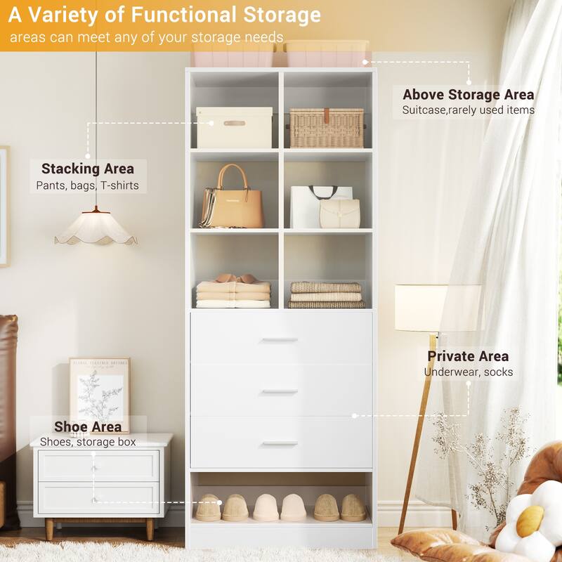 Qvella 23.6'' W Closet System with 3 Wooden Drawers and Partition Storage,Modular Closet Organizer for Walk-in/Reach-in Closet