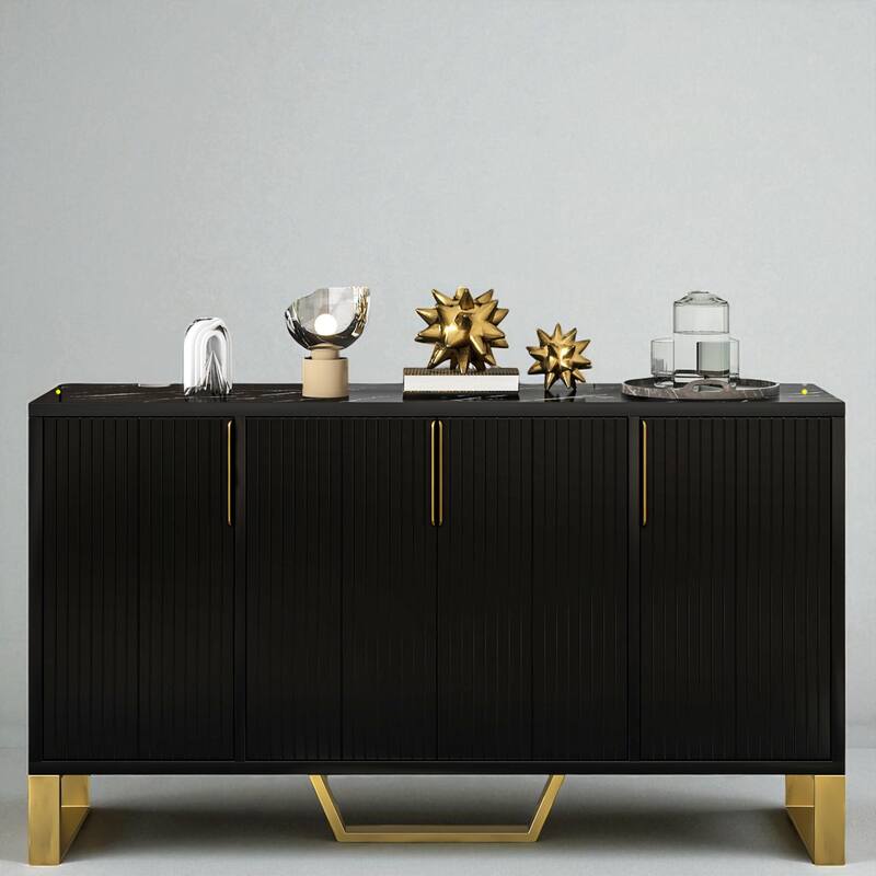 60" Modern Sideboard Buffet Cabinet with 4 Doors, Adjustable Shelves, Marble-Look Top and Gold Metal Legs