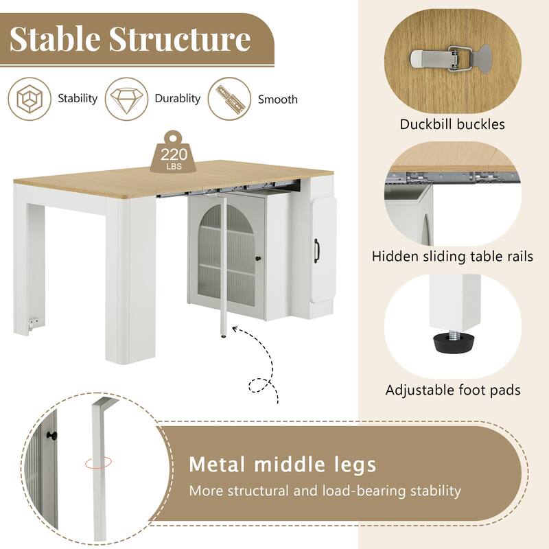Roomfitters Extendable Dining Table, Mobile Kitchen Island, Rolling Storage Cabinet with Power Outlet