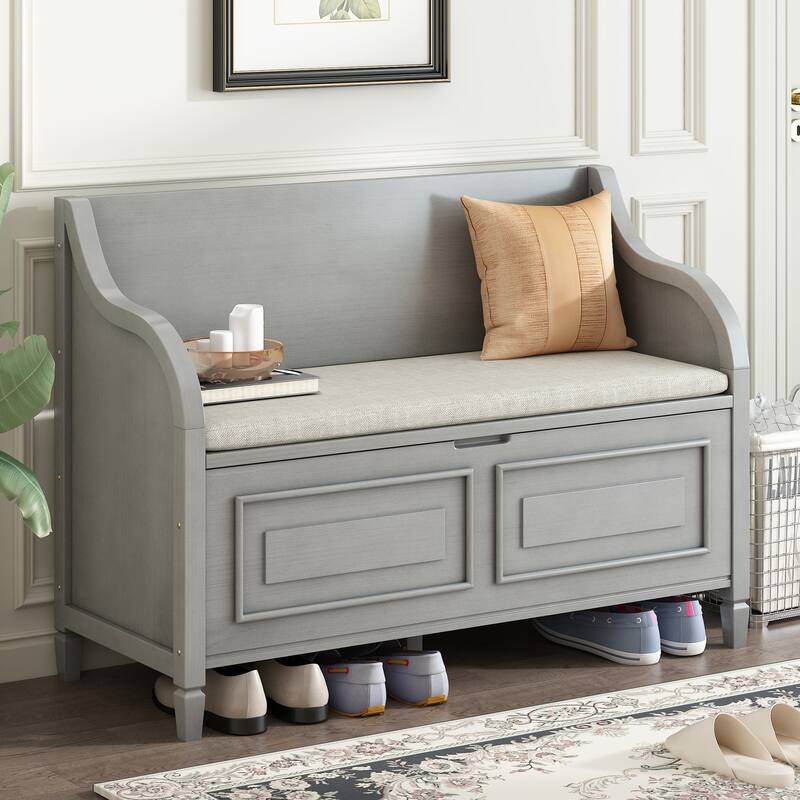 Shoe Storage Bench with Safety Hinge for Entryway, Rustic Style Multifunctional Storage Bench with 2 Cabinets for Living Room - Gray Wash