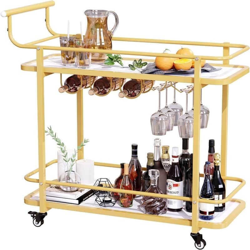 Gold Bar Cart with Wheels for Home 2 Tier Mobile Serving Cart - 16.53"D x 35.4"W x 35.4"H
