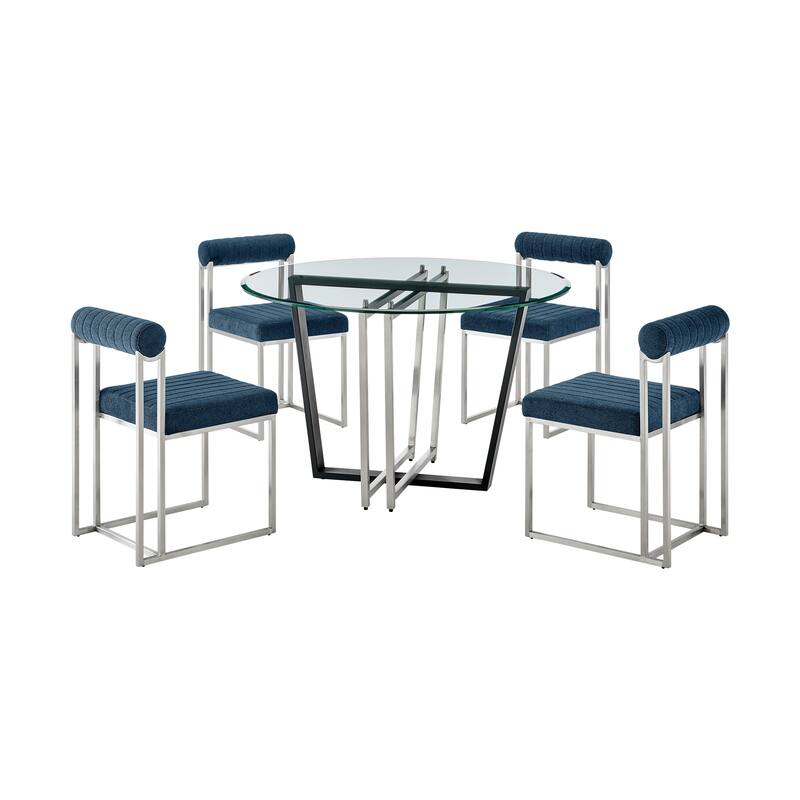 Devi Anastasia 5 Piece Round Glass Dining Table Set with Metal Frame and Upholstered Chairs