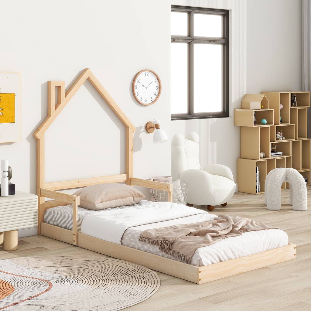 Twin Size Pine Wood House-Shaped Headboard Floor Bed with Handrails and slats for Bedroom