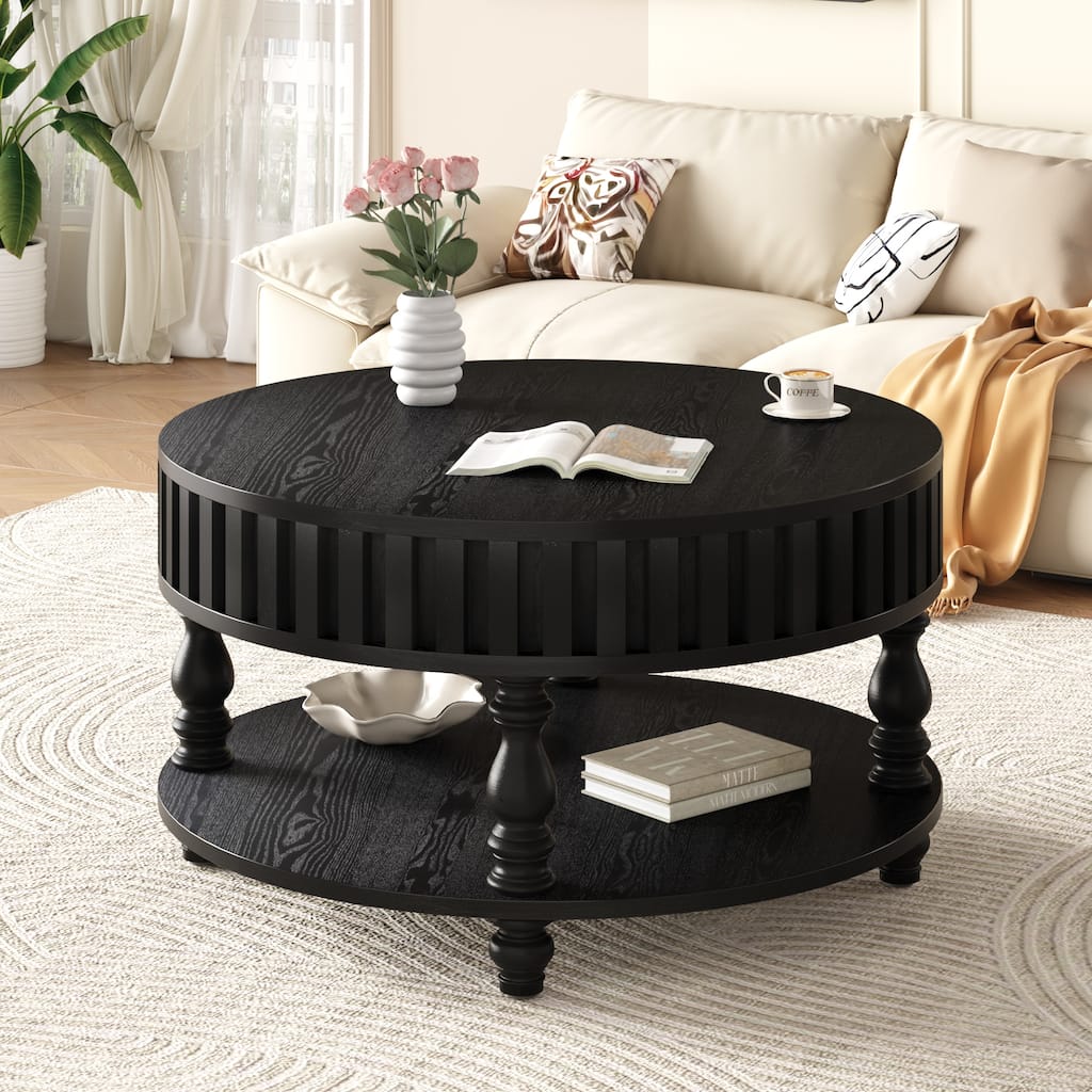 Fluted Coffee Table Black End Table Side Table with Storage, Rustic Center Table Sofa Table with Flip-Top Lids