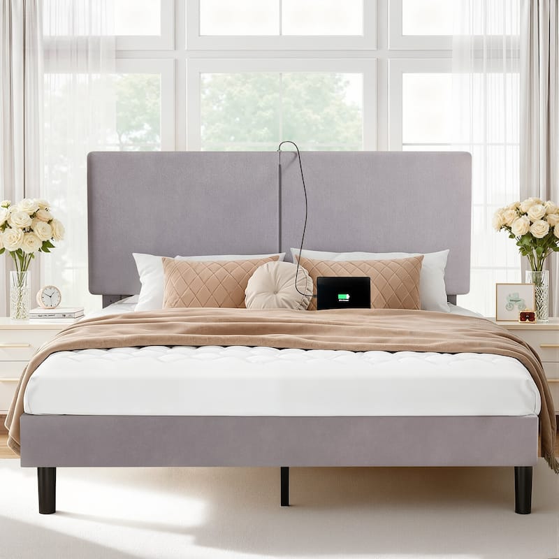 VECELO Adjustable Upholstered Split Headboard Bed Frame with Charging Station USB Port Type C No Box Spring Needed Noiseless Bed - Grey - Queen