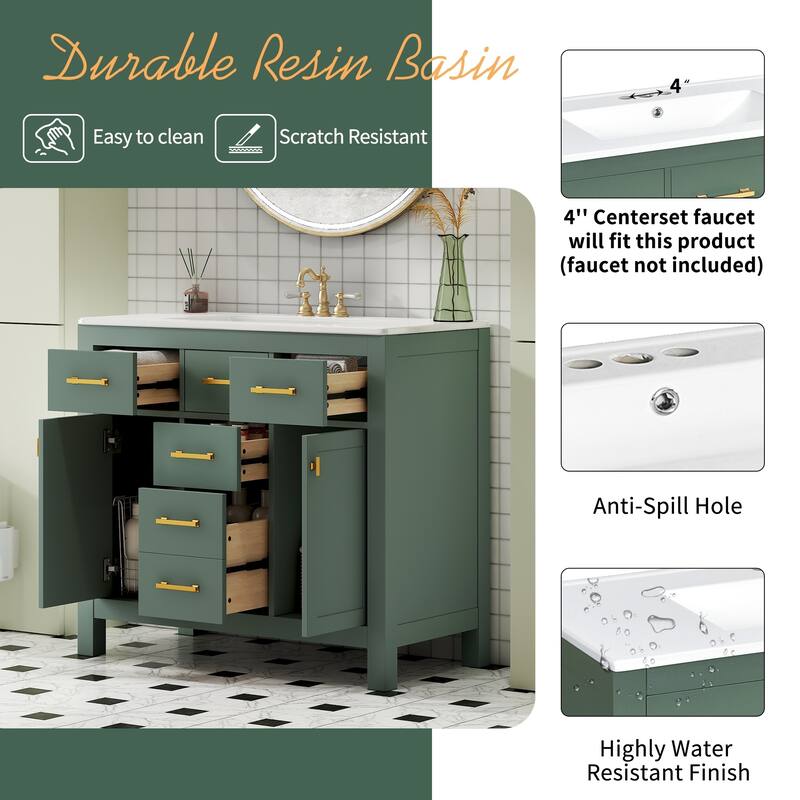36" Bathroom Vanity with Ceramic Sink Set- Solid Wood Frame, Freestanding Storage Cabinet