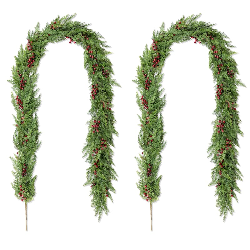 Glizthome 6FT/9FT Christmas Greenery PE Dripping Cedar Garland & 24"D Wreath with Red Berries - Set of 2 - "9ft Garland"