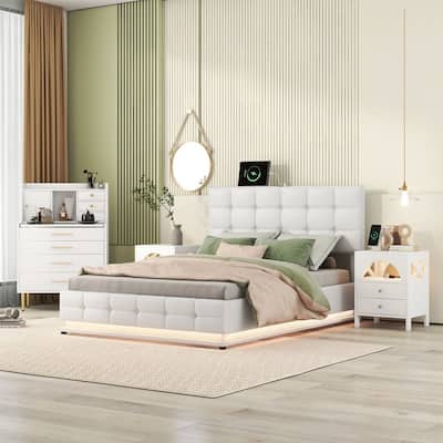 4-Pieces Bedroom Sets Queen Platform Bed w/2 Nightstands ,Vanity with Mirror