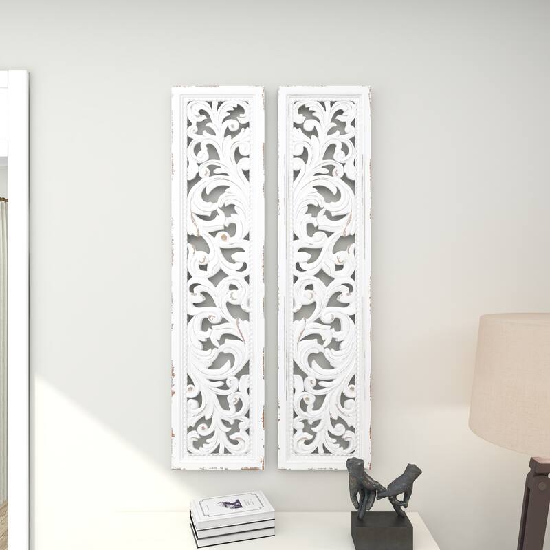 White Wood Handmade Slim Distressed Carved Panel Scroll Home Wall Decor (Set of 2)