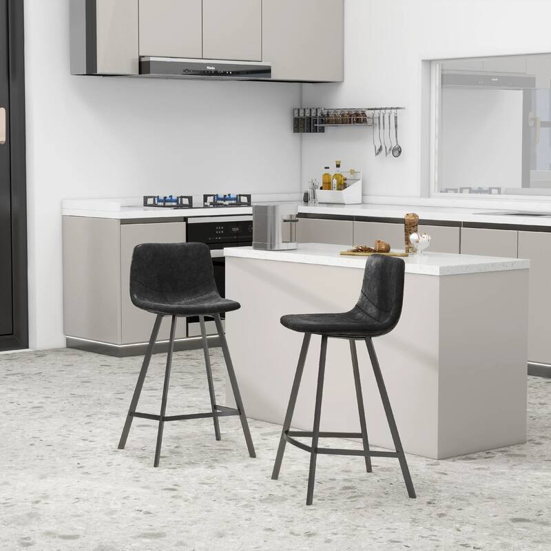 Elland Leather Bar Stool - Modern Counter Height Stool with Black Stainless Steel Legs for Kitchen Island or Home Bar Set of 2