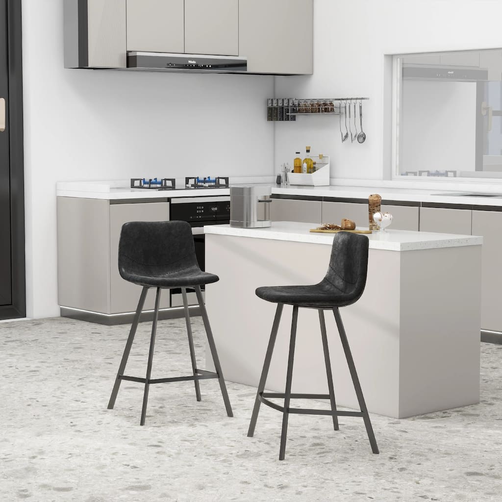 Elland Leather Bar Stool - Modern Counter Height Stool with Black Stainless Steel Legs for Kitchen Island or Home Bar Set of 2