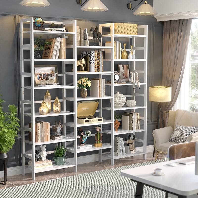 6-Tier Solid Bamboo Bookcase,Large Freestanding Open Bookshelf with 17 Display Shelves,Easy To Assemble - Triple Wide - White