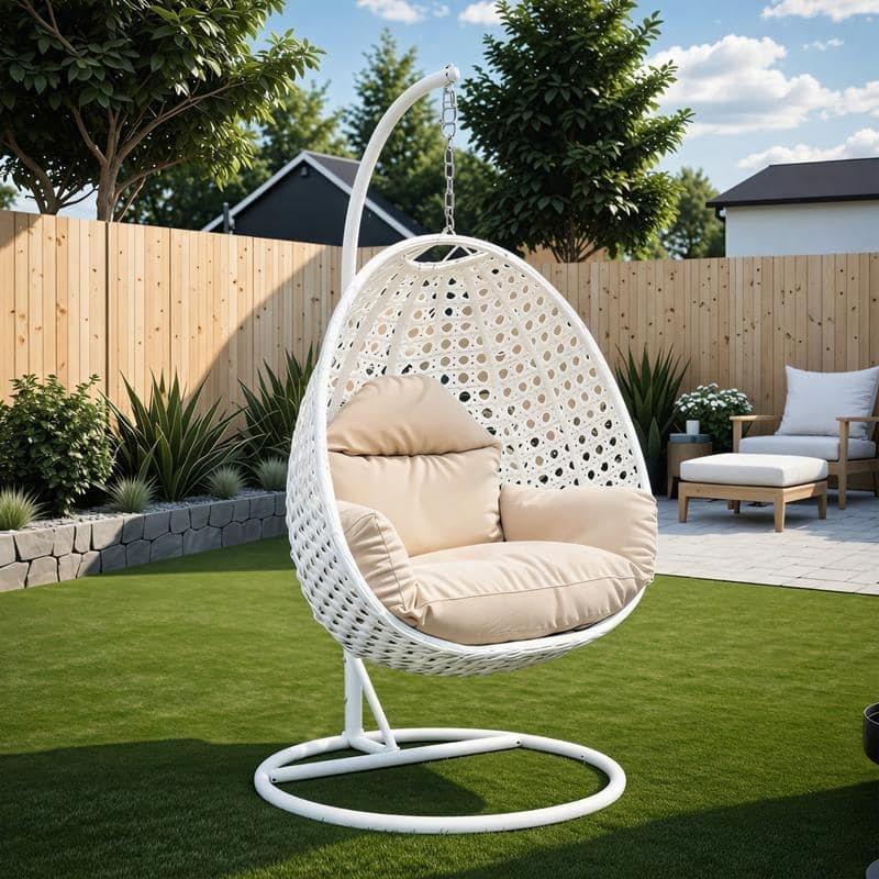 LeisureMod Hanging Egg Swing Chair - White All-Weather Wicker with Heavy-Duty Iron Frame - Indoor/Outdoor Patio & Garden Seating
