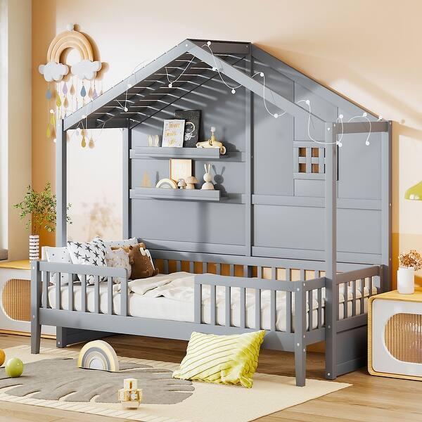 slide 2 of 36, Twin Size House Bed with Shelves, Window, and Sparkling Light Strip on Roof, Space-Saving Design for Kids' Rooms, Grey