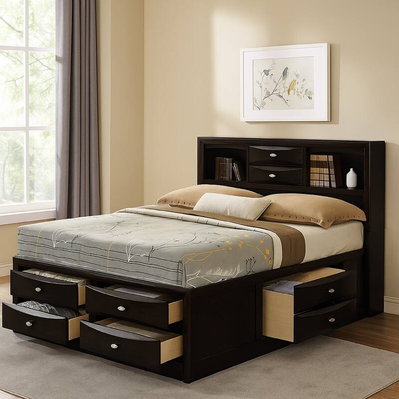 Simo Full Bed, Bookcase Headboard, Storage Drawers, Black