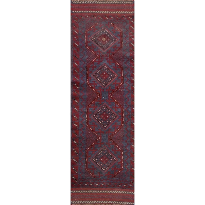 Hand Knotted Oriental 100% Wool Carpet Traditional Tribal Navy Blue & Blues Balouch Runner Rug - 7' 7'' X 1' 10''