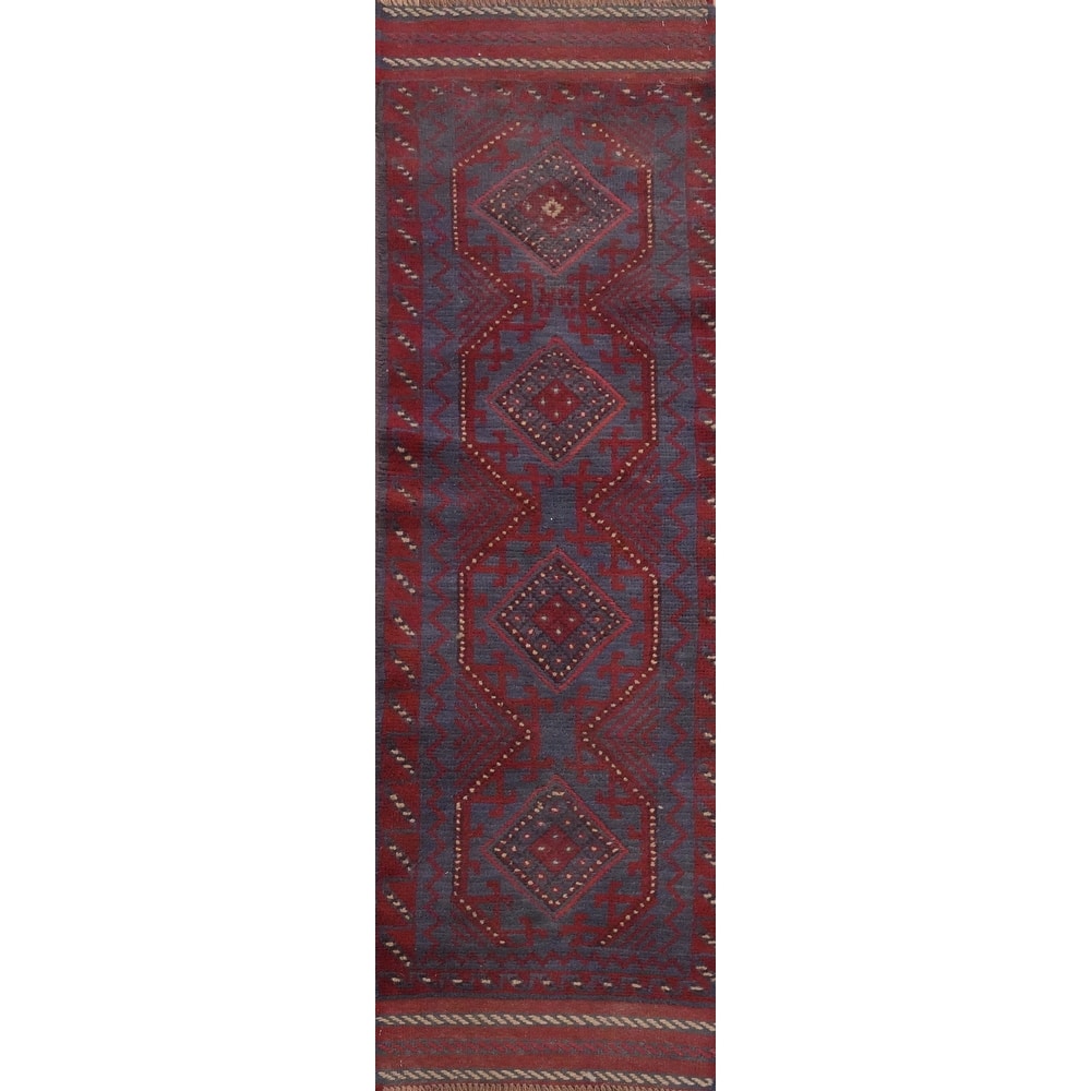 Hand Knotted Oriental 100% Wool Carpet Traditional Tribal Navy Blue & Blues Balouch Runner Rug - 7' 7'' X 1' 10''