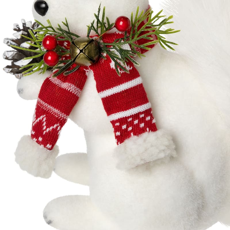Winter Squirrel with Pinecone and Bell Christmas Figurine - 9" - White