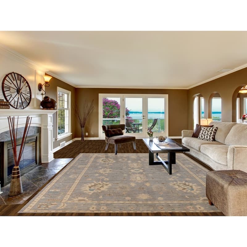 Hand Knotted Oriental 100% Wool Carpet Transitional All-Over Navy Blue & Blues Oushak Area Rug - 12' 2'' X 9' 3''