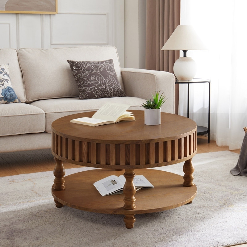 Farmhouse 31.49" Round Coffee Table with Storage and Flip-Top Lids for Rustic Living Room Organization and Style