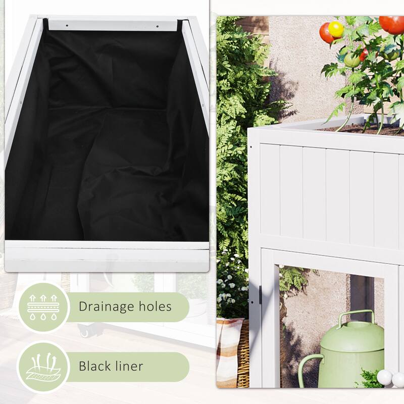 Mini Wooden Cold Frame, Compact 2 Doors Greenhouse with Raised Bed and Wheels, Outdoor Wood Planter with Drainage