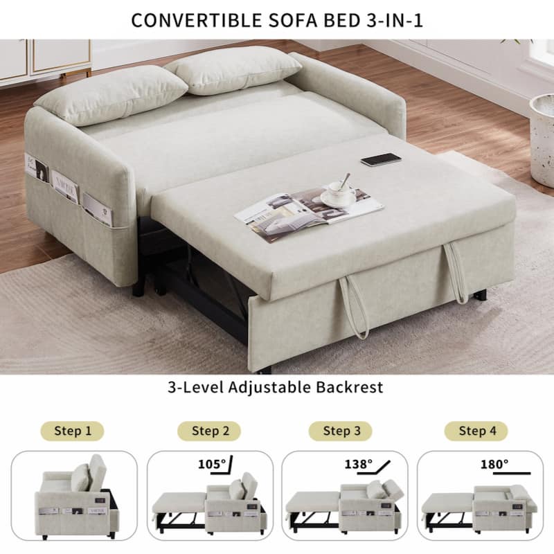 55.1" Pull Out Sleep Sofa Bed Loveseats Sofa Couch with Adjsutable Backrest,Storage Pockets,2 Soft Pillows,USB Ports,Beige