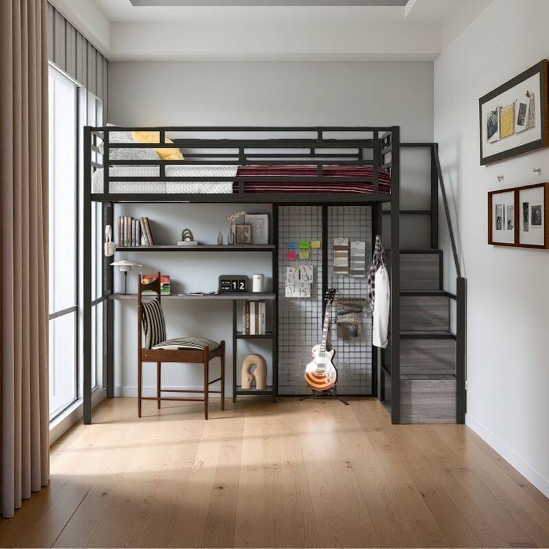 Full Metal Loft with Desk, Built-In Closet, and Multi-Level Storage Shelving - Black