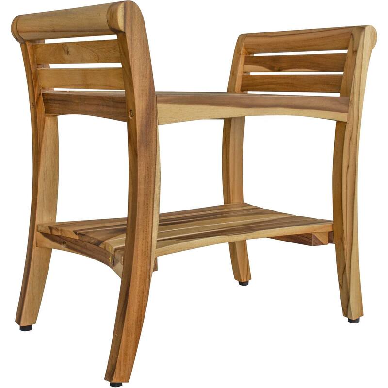 HomeRoots 24" Natural Solid Teak Wood Shower Bench With Handles
