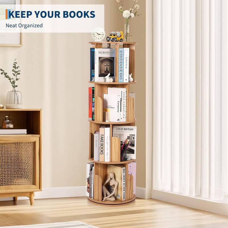 4 Tier 360° Rotating Space-Saving Natural Bookshelf - N/A