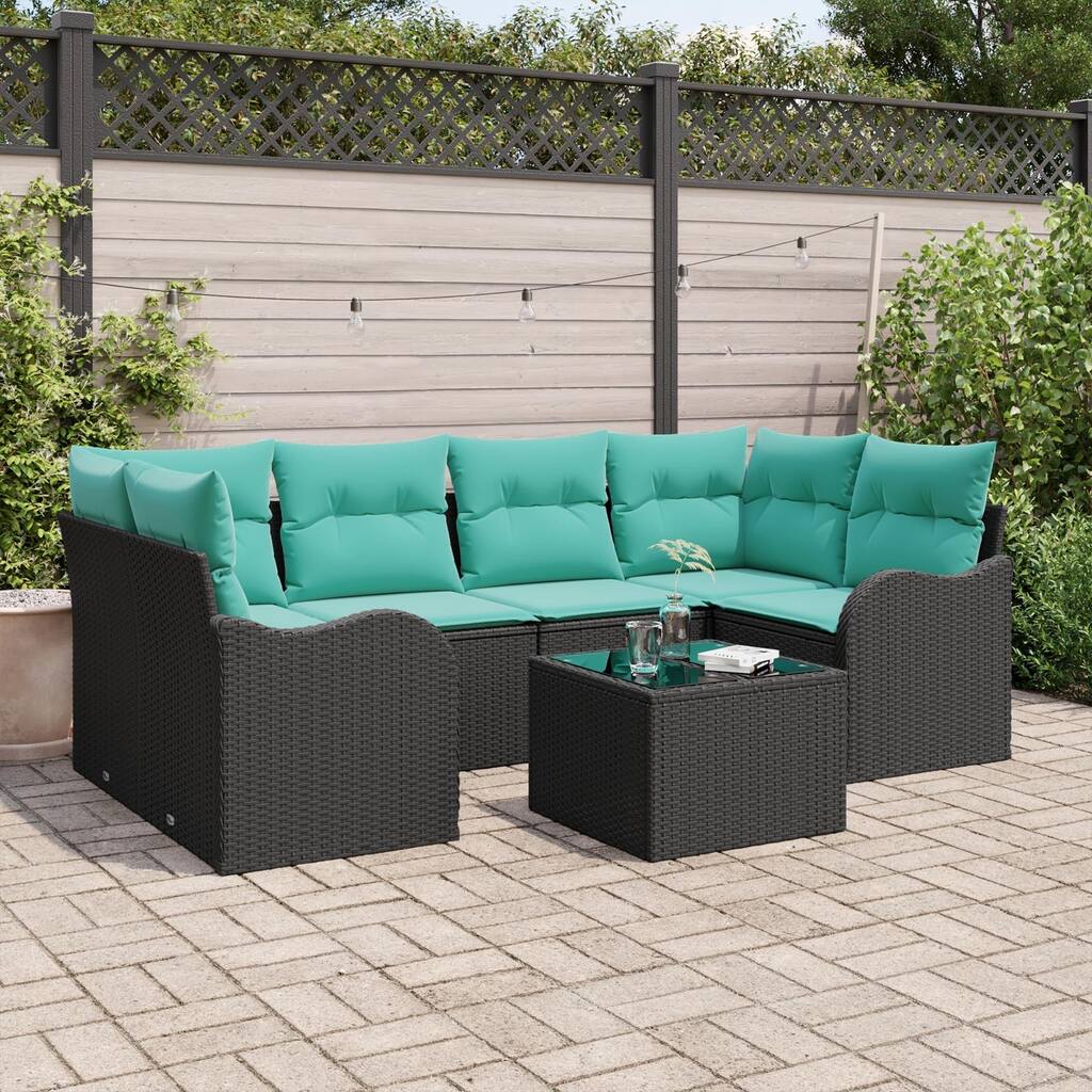 vidaXL 7 Garden Sofa Set with Cushions Black Poly Rattan - 92.1 x 48.2 x 27.2
