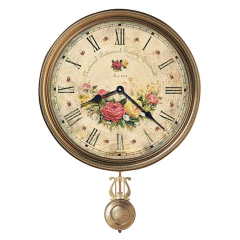 Howard Miller Savannah Botanical VII Rustic, Floral, Farmhouse, Old World Style Distressed, Round Wall Clock with Pendulum