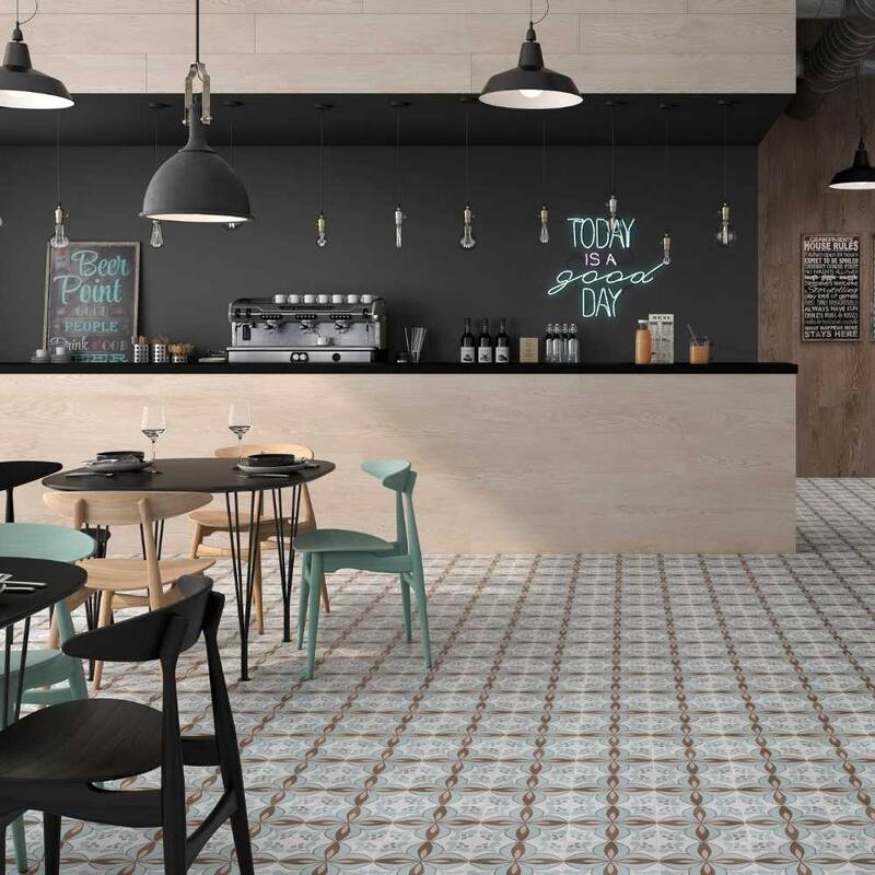 Petals 8.7x8.7 Blue/ Beige Matte Porcelain Encaustic Tile - Floor & Wall