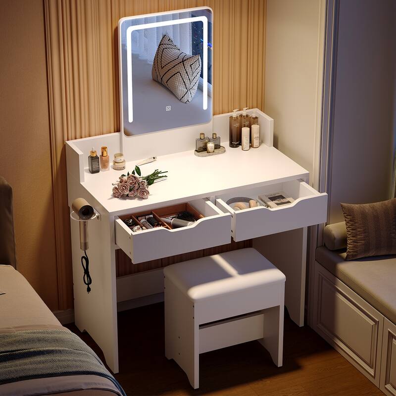 Bestier Vanity Set with Mirror and Lights,Vanity Desk with Drawers,Makeup Table with Light Modes & Hair Dryer Holde