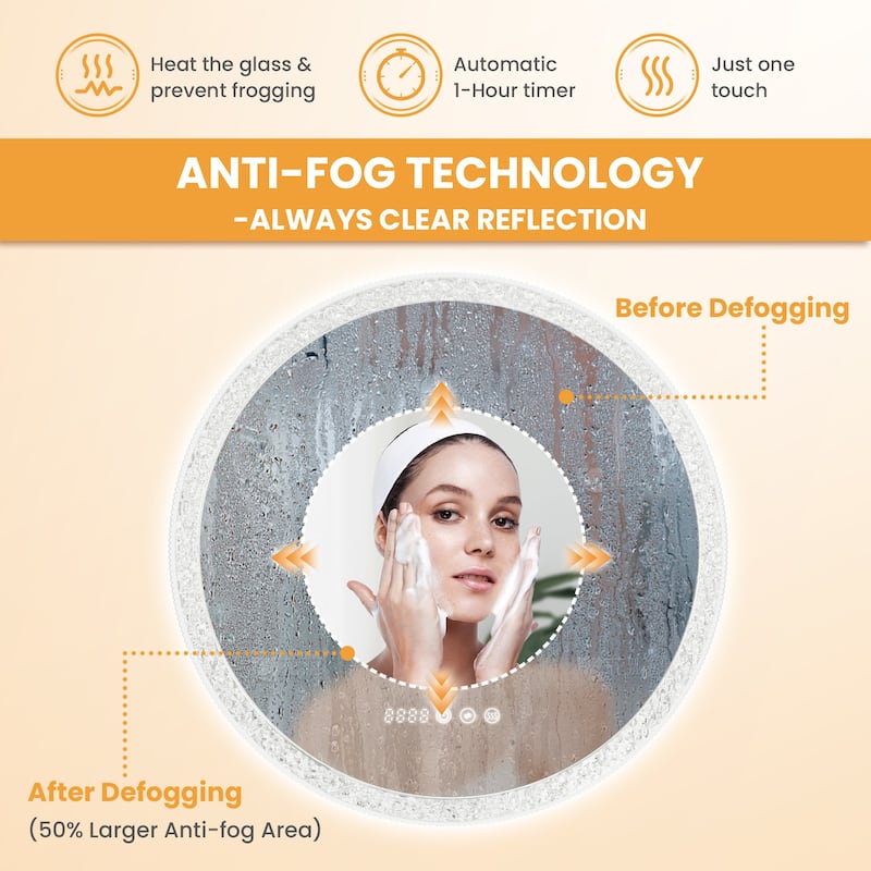Smart Round Bathroom Mirror with LED Ring Light, Touchscreen, Anti-Fog, and Dimmable Brightness