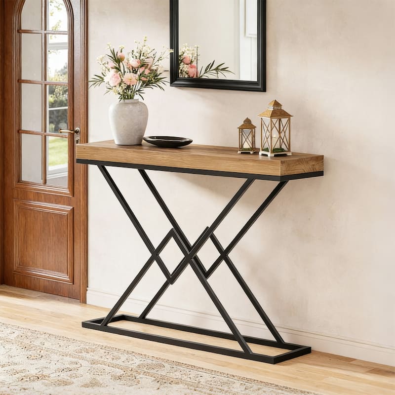 43.2" Solid Wood Console Table with Stylish Geometric Metal Base - Light Brown + Black